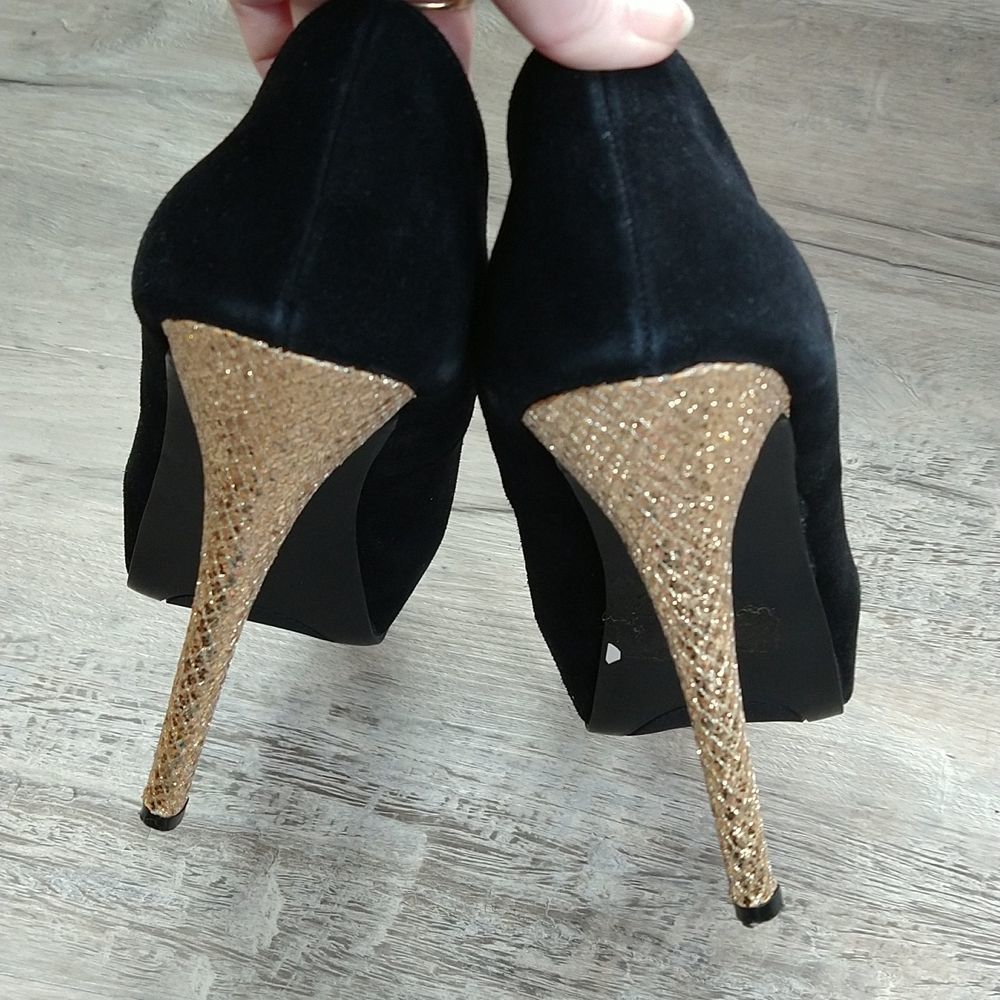 Steve Madden Black Suede and Gold Platform Heels - Picture 6 of 12